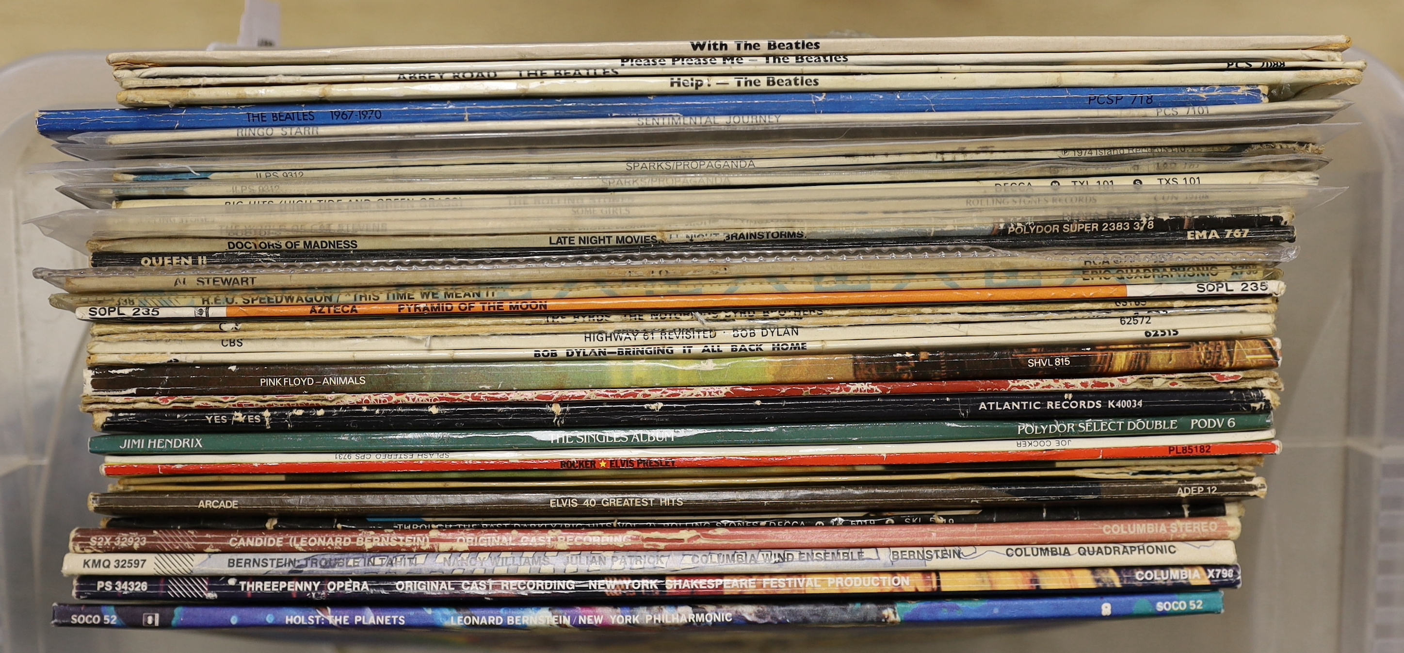 Thirty-six LP record albums, including The Beatles, The Rolling Stones, Pink Floyd, Cream, Jimi Hendrix, Joe Cocker, Elvis Presley, etc. plus six Beatles 7in. singles